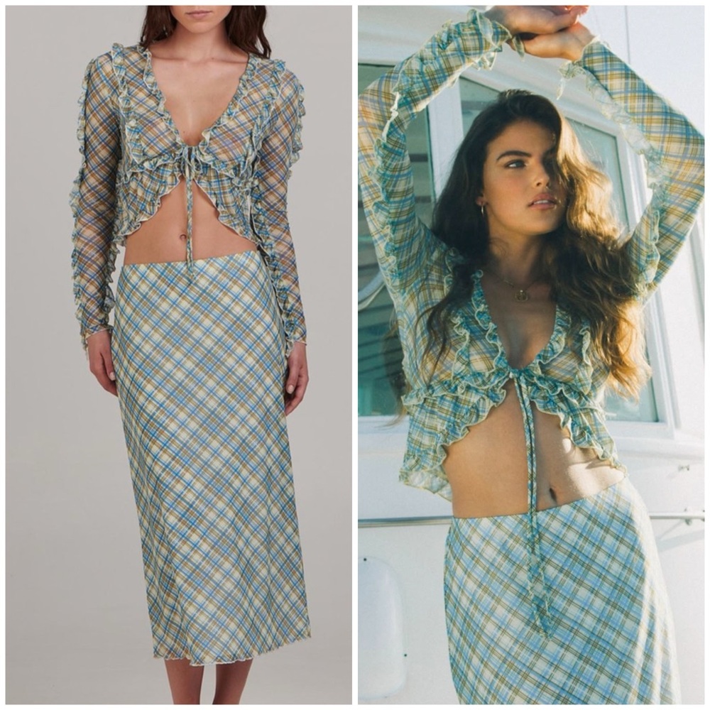 Charlie Holiday Picnic Check Set Skirt & Crop Top Blue Green Plaid Size US 4